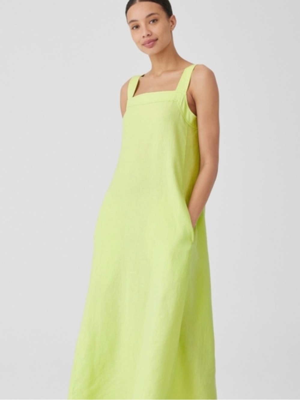 Eileen Fisher Organic Linen Square Neck Dress in Lime Green Size XS NWOT